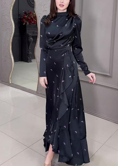 New Black Ruffled Print Silk Long Dress Fall Wo042