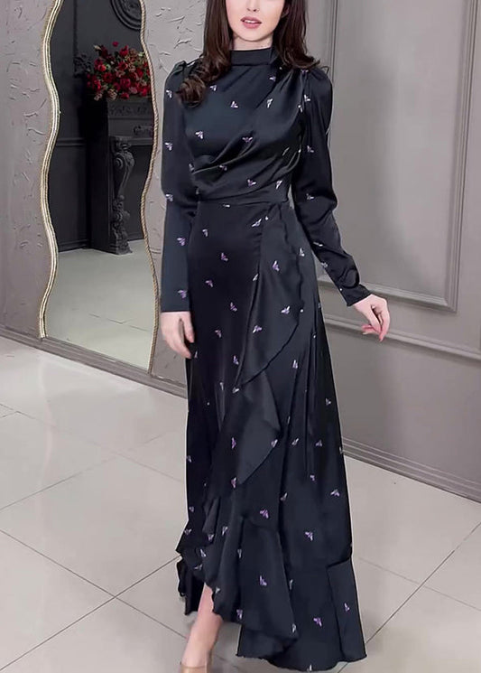 New Black Ruffled Print Silk Long Dress Fall Wo042