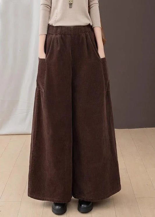 New Brown Pockets Corduroy Warm Fleece Wide Leg Pants Winter Ru007