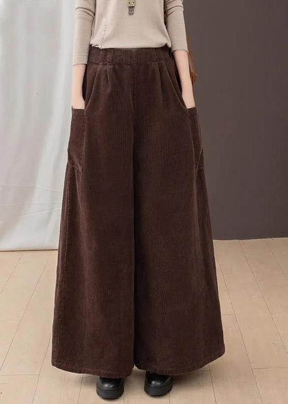 New Brown Pockets Corduroy Warm Fleece Wide Leg Pants Winter Ru007