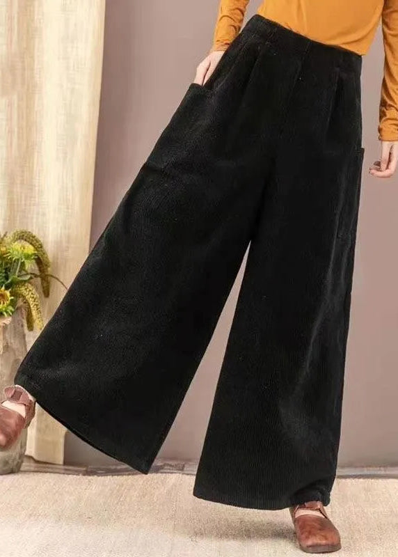 New Brown Pockets Corduroy Warm Fleece Wide Leg Pants Winter Ru007