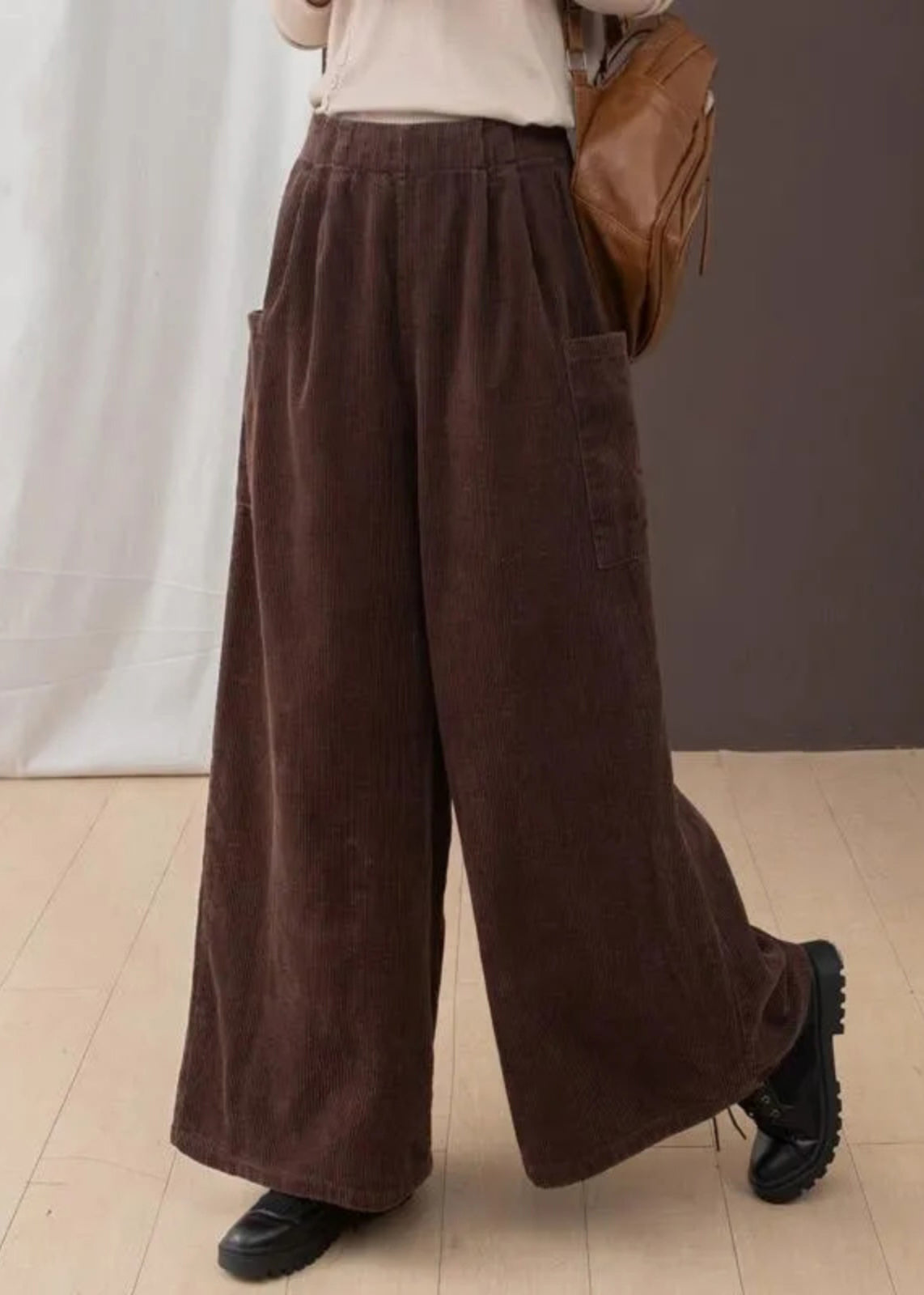New Brown Pockets Corduroy Warm Fleece Wide Leg Pants Winter Ru007