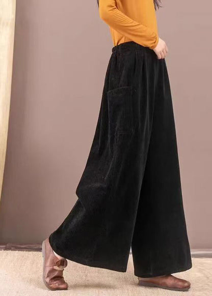 New Brown Pockets Corduroy Warm Fleece Wide Leg Pants Winter Ru007