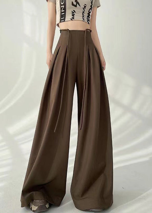 New Coffee High Waist Wrinkled Wide Leg Pants Fall Ru038