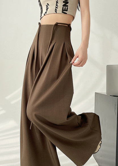 New Coffee High Waist Wrinkled Wide Leg Pants Fall Ru038
