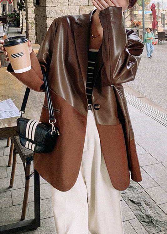 New Coffee Notched Patchwork Faux Leather Suit Coat Fall Wn041