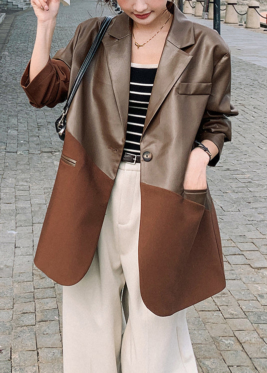 New Coffee Notched Patchwork Faux Leather Suit Coat Fall Wn041