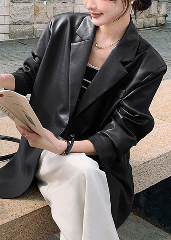 New Coffee Notched Patchwork Faux Leather Suit Coat Fall Wn041