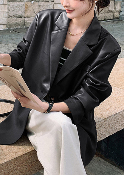 New Coffee Notched Patchwork Faux Leather Suit Coat Fall Wn041