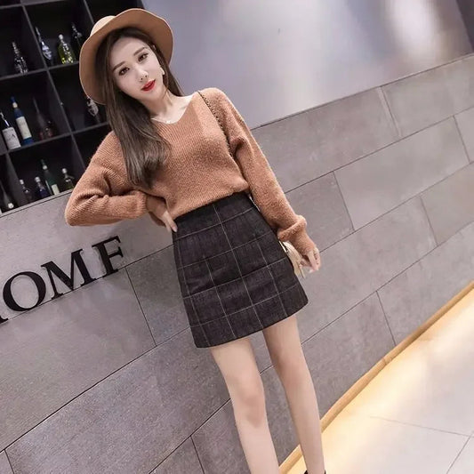 Korean High Waist Slim Plaid Wool A-step Mini Skirt