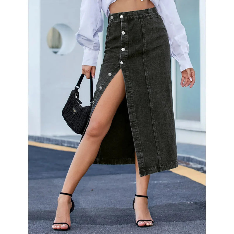 Blue a Line Jean High Waist Irregular Split Long Denim Skirt