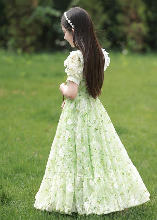 New Green Peter Pan Collar Print Tie Waist Chiffon Maxi Dress Short Sleeve Xz006
