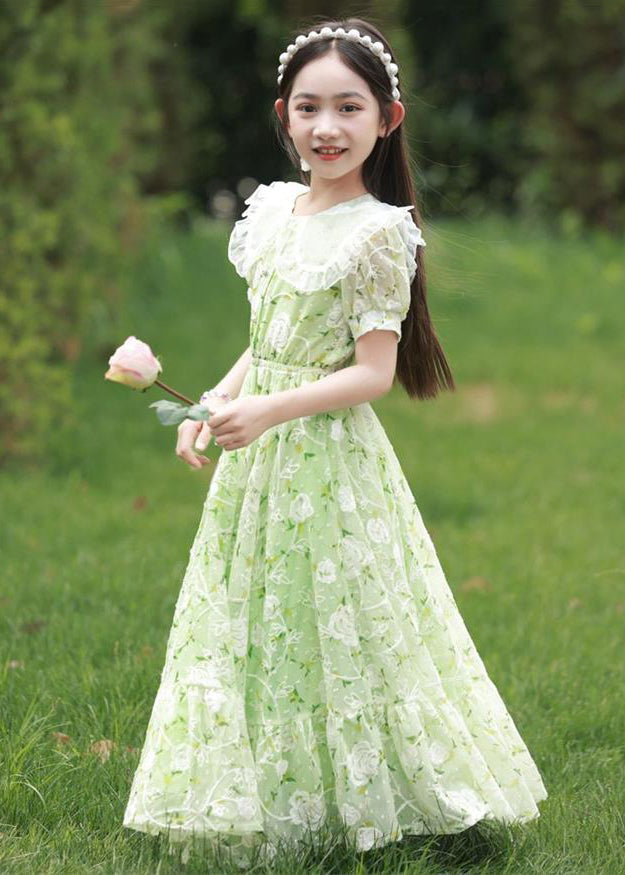 New Green Peter Pan Collar Print Tie Waist Chiffon Maxi Dress Short Sleeve Xz006