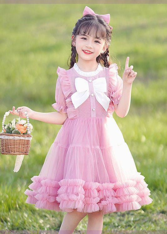 New Pink O-neck Bow Ruffled Patchwork Tulle Kids Maxi Dress Summer Ew022
