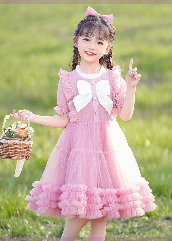 New Pink O-neck Bow Ruffled Patchwork Tulle Kids Maxi Dress Summer Ew022