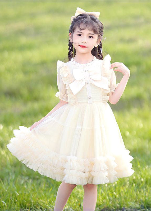 New Pink O-neck Bow Ruffled Patchwork Tulle Kids Maxi Dress Summer Ew022
