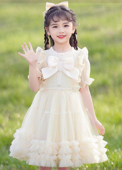 New Pink O-neck Bow Ruffled Patchwork Tulle Kids Maxi Dress Summer Ew022