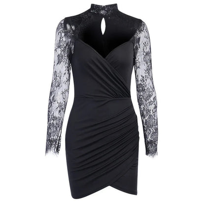 Splicing Long-sleeved Femininity V-neck Crop Party Midi Dresses