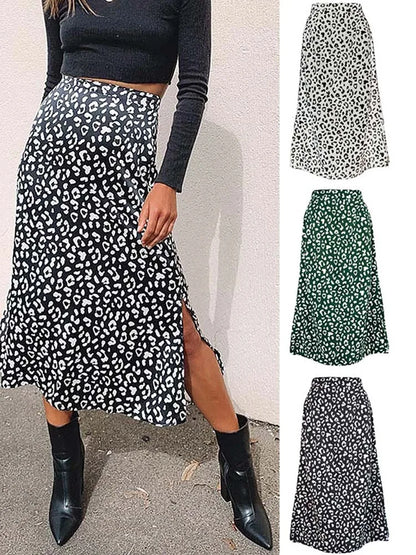 New Leopard Print Chiffon Split Skirt Long Skirts for Spring Summer Zip Female Skirt