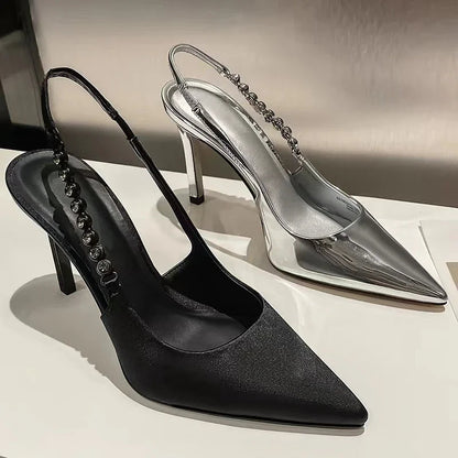 New Slingbacks Pointed Highs Silver Leather Dress Shoes Low Heel Pumps