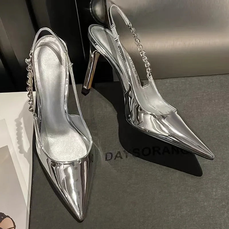 New Slingbacks Pointed Highs Silver Leather Dress Shoes Low Heel Pumps