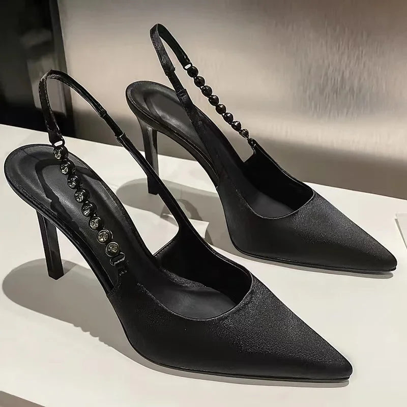 New Slingbacks Pointed Highs Silver Leather Dress Shoes Low Heel Pumps
