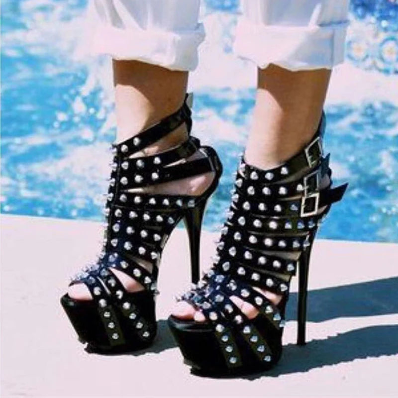 Summer Platform High Heels Sandals Peep Toe Pumps Rivet Decoration Pole Dance Shoes