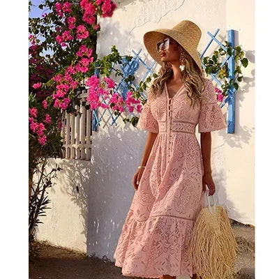 New Lace Flower Hollow Birthday Y2k Midi Dresses