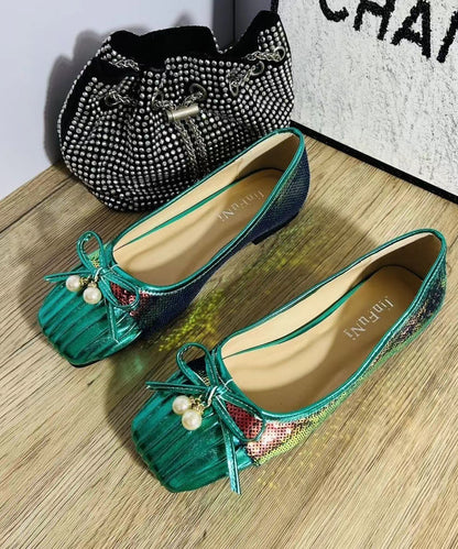 Pearl Bow Wrinkled Square Head Flats Shoes Cz1039