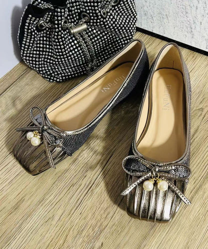 Pearl Bow Wrinkled Square Head Flats Shoes Cz1039