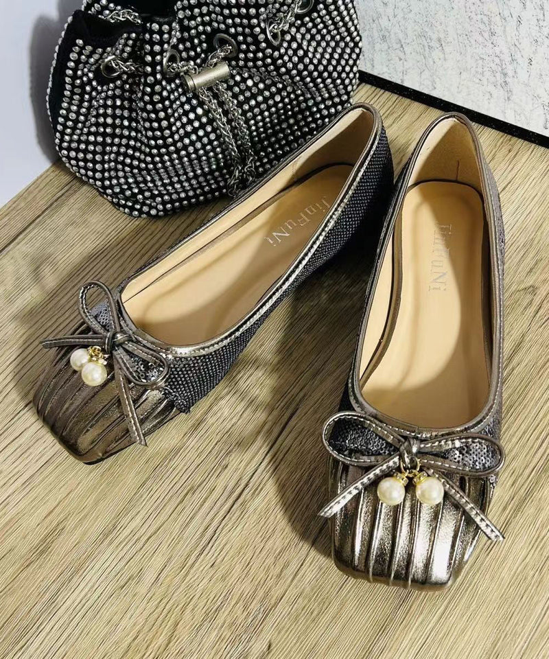 Pearl Bow Wrinkled Square Head Flats Shoes Cz1039