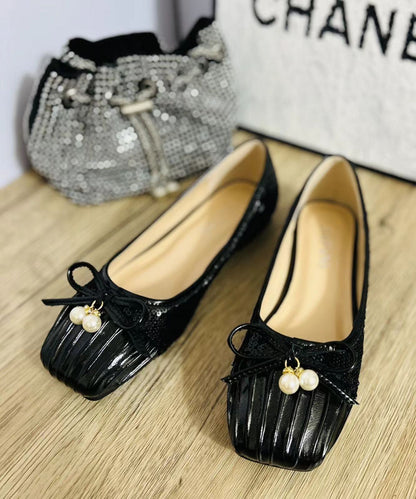 Pearl Bow Wrinkled Square Head Flats Shoes Cz1039