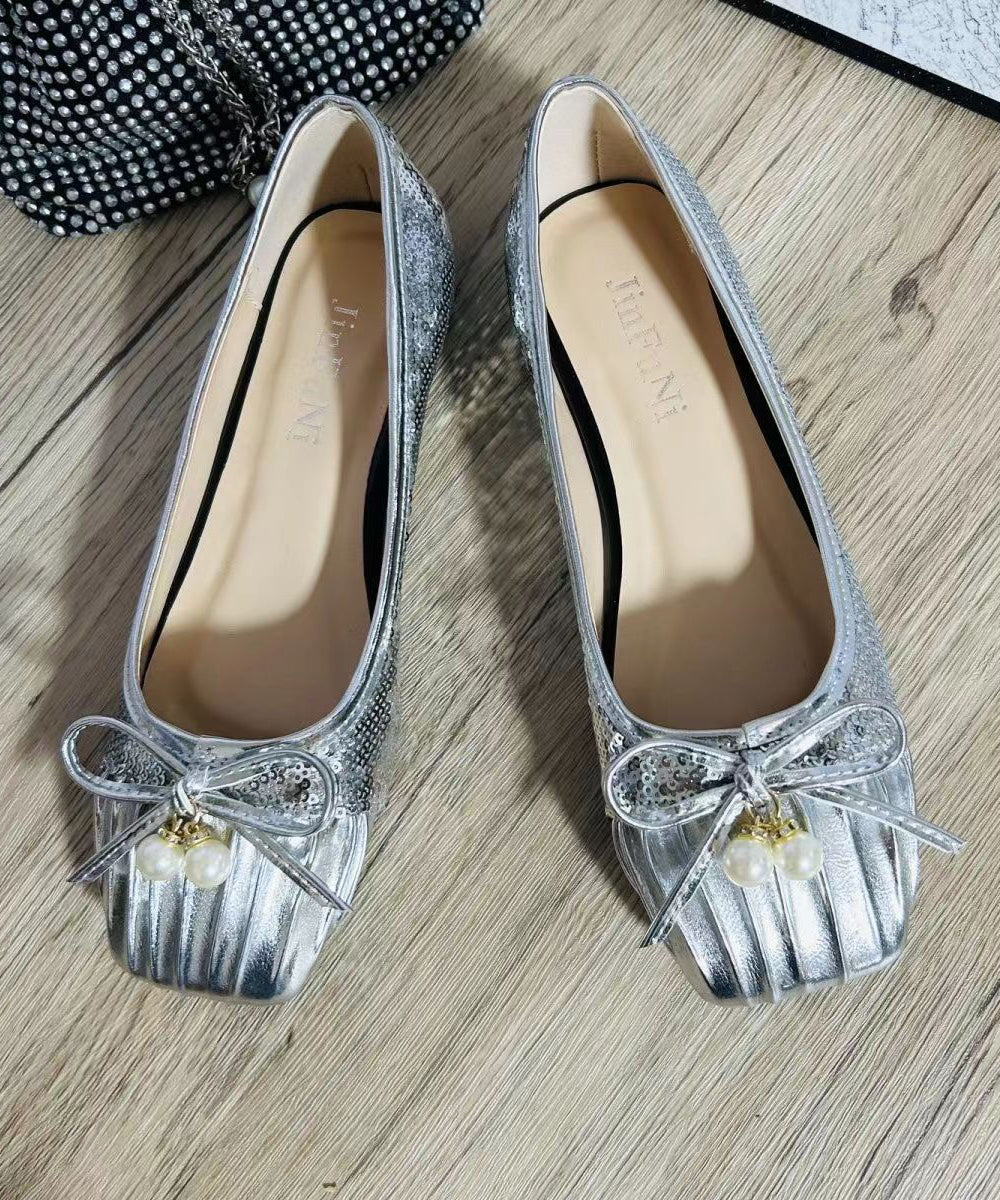 Pearl Bow Wrinkled Square Head Flats Shoes Cz1039
