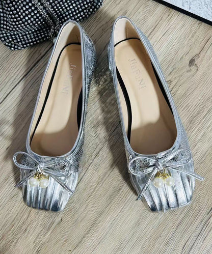 Pearl Bow Wrinkled Square Head Flats Shoes Cz1039