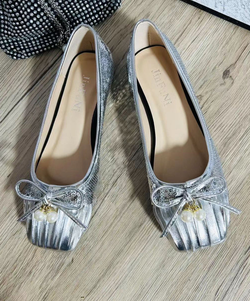 Pearl Bow Wrinkled Square Head Flats Shoes Cz1039
