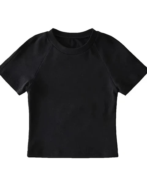 Off Back Raglan Sleeves Slim Fit Short Sleeve Short Open Navel T-shirt