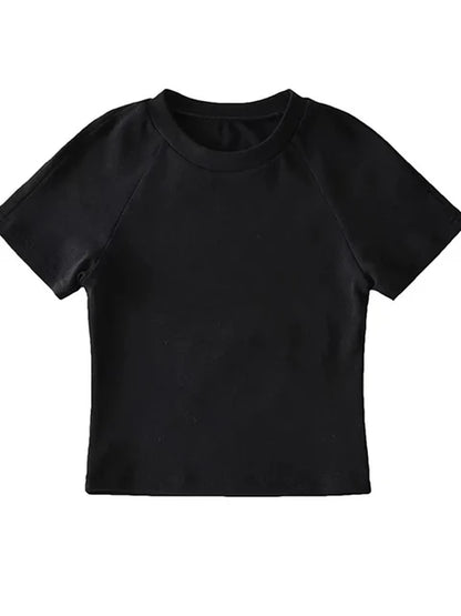 Off Back Raglan Sleeves Slim Fit Short Sleeve Short Open Navel T-shirt