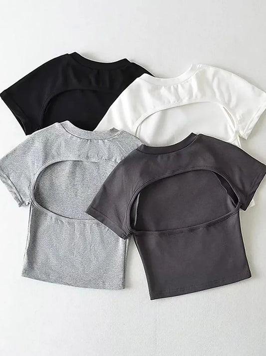 Off Back Raglan Sleeves Slim Fit Short Sleeve Short Open Navel T-shirt