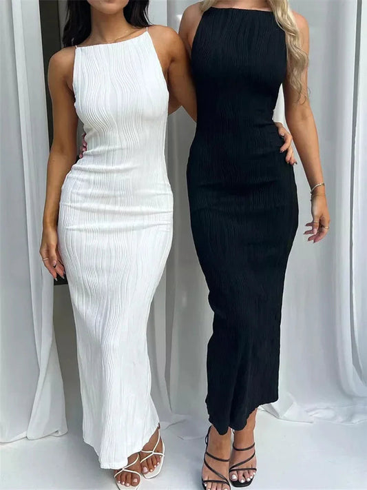 Long Ruched Sleeveless Summer Back Split Clubwear Outfits Midi Dresses