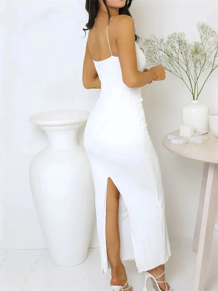 Long Ruched Sleeveless Summer Back Split Clubwear Outfits Midi Dresses