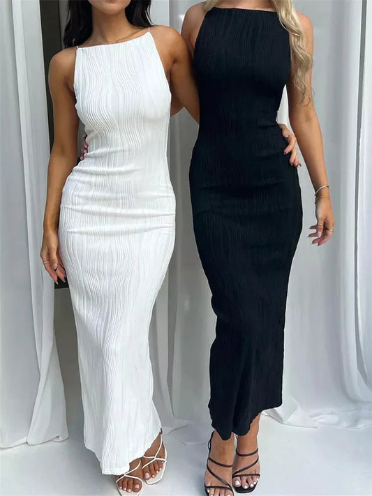 Long Dress Ruched Sleeveless Slim Summer Party Back Split Dress Clubwear Female Vestido Outfits