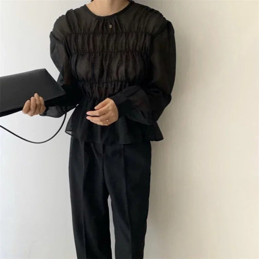 O-neck Puff Long Sleeve Pleated Blouse