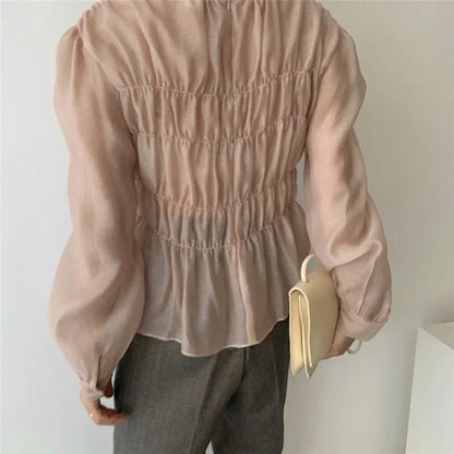 O-neck Puff Long Sleeve Pleated Blouse
