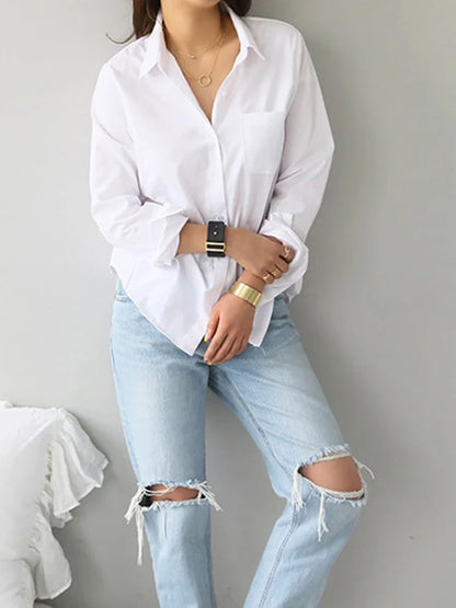 Spring One Pocket White Shirt Feminine Blouse Top Long Sleeve Turn-down Collar Ol Style Loose Blouses