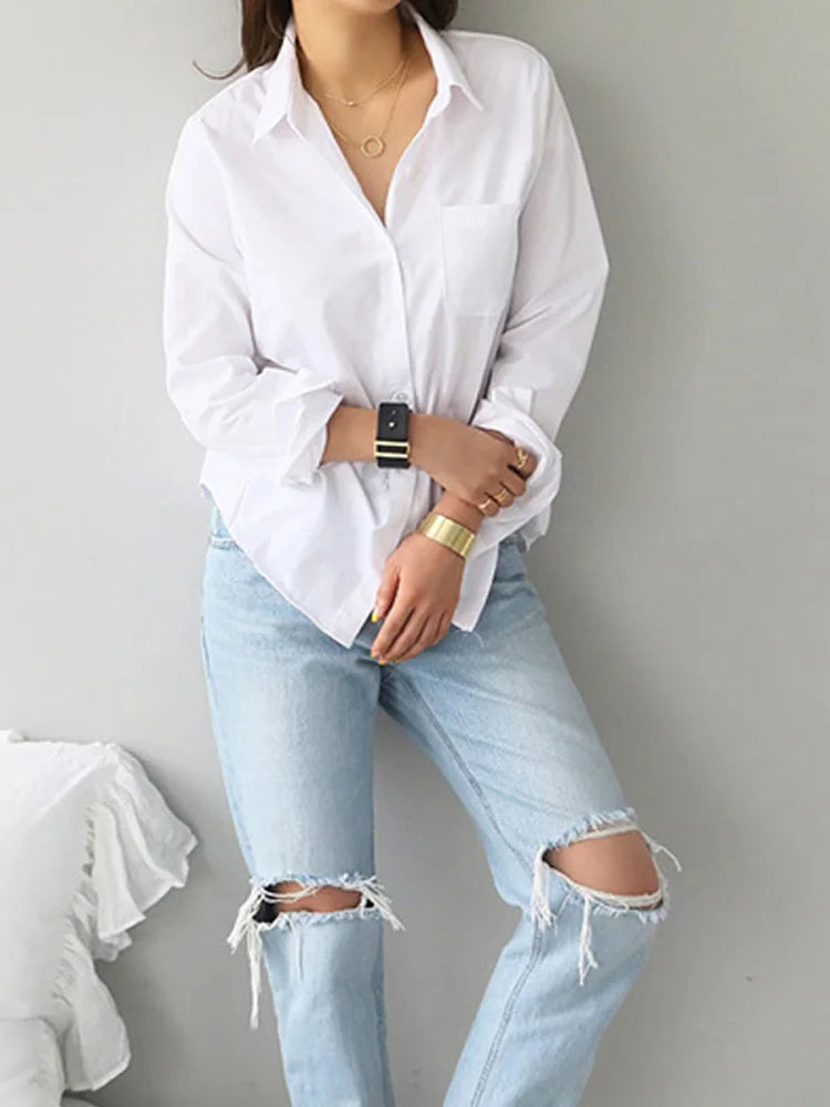 Spring One Pocket White Shirt Feminine Blouse Top Long Sleeve Turn-down Collar Ol Style Loose Blouses