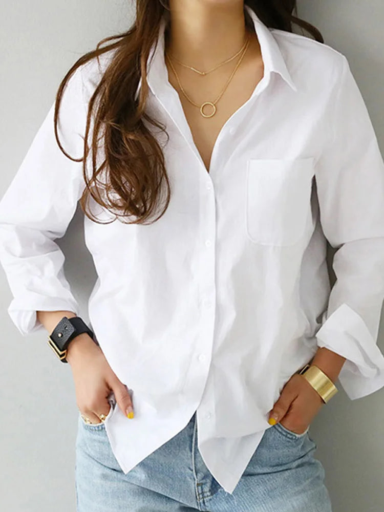 Spring One Pocket White Shirt Feminine Blouse Top Long Sleeve Turn-down Collar Ol Style Loose Blouses
