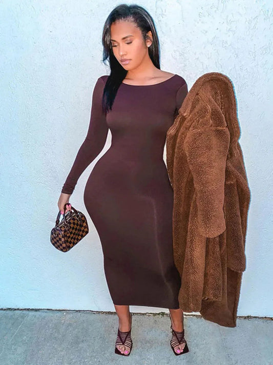 Spring Backless Evening Club Birthday Brown Long Midi Dresses