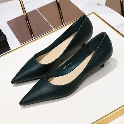 Spring 4cm Highs Concise Office Lady Soft Leather Thin Highs Pointed Toe Wedding Shoes Low Heel Pumps