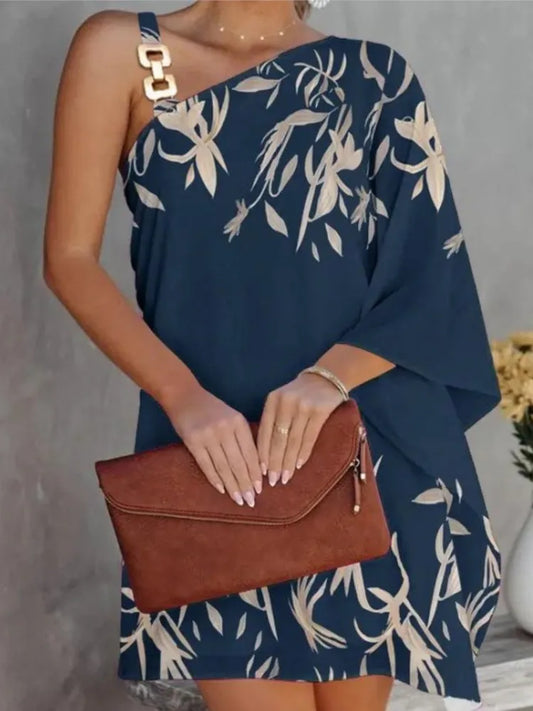 Summer Dresses for Irregular Mini Dress Gown One Shoulder Diagonal Neck Print Vestidos