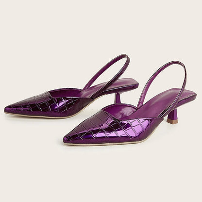 Summer New Back Strap Stone Pattern Purple Pointed Toe Slingback Shoes Brand Wedding High Mules Low Heel Pumps